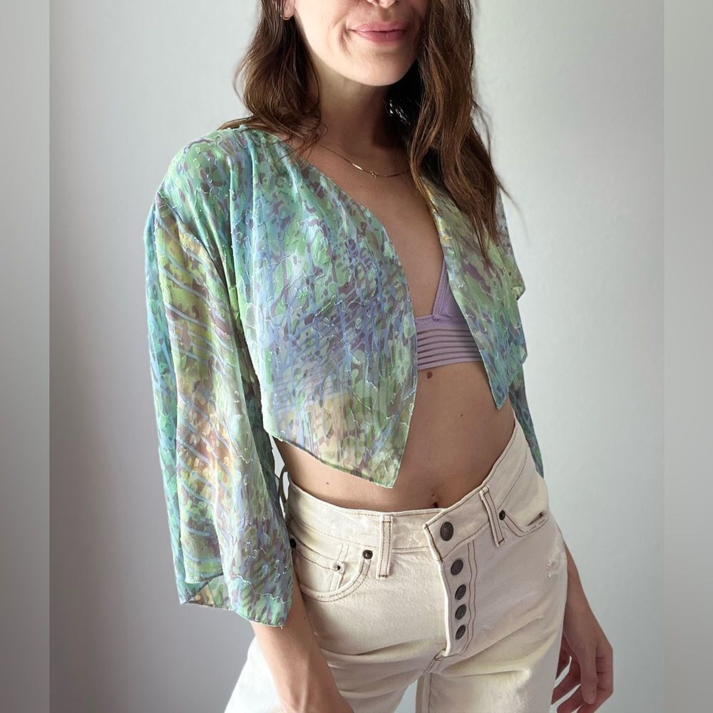 Vintage 90s Alex Evenings Petites Open Front Draped Multicolor Marbled Cardigan - Picture 7 of 11